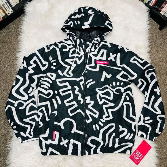 MEMBERS ONLY X KEITH HARING WOMENS JACKET BLACK AND WHITE HOODED JACKET - Picture 1 of 4
